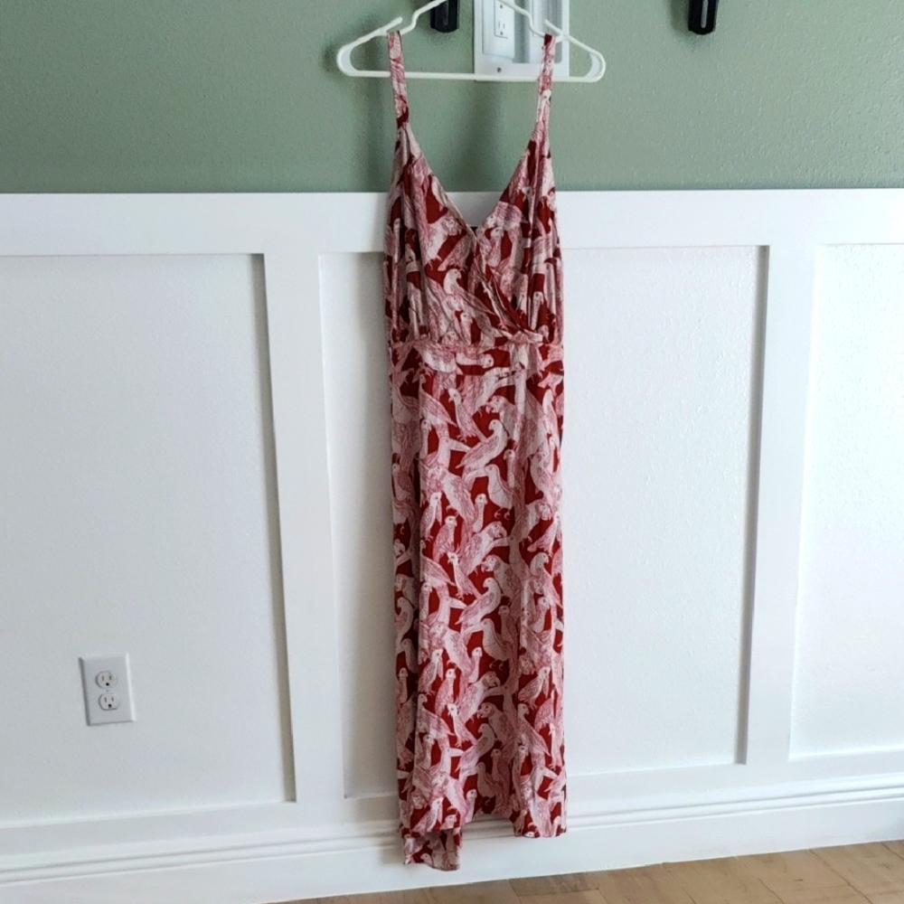 Eloquii Red and White Tropical Bird Patterned Faux Wrap Dress